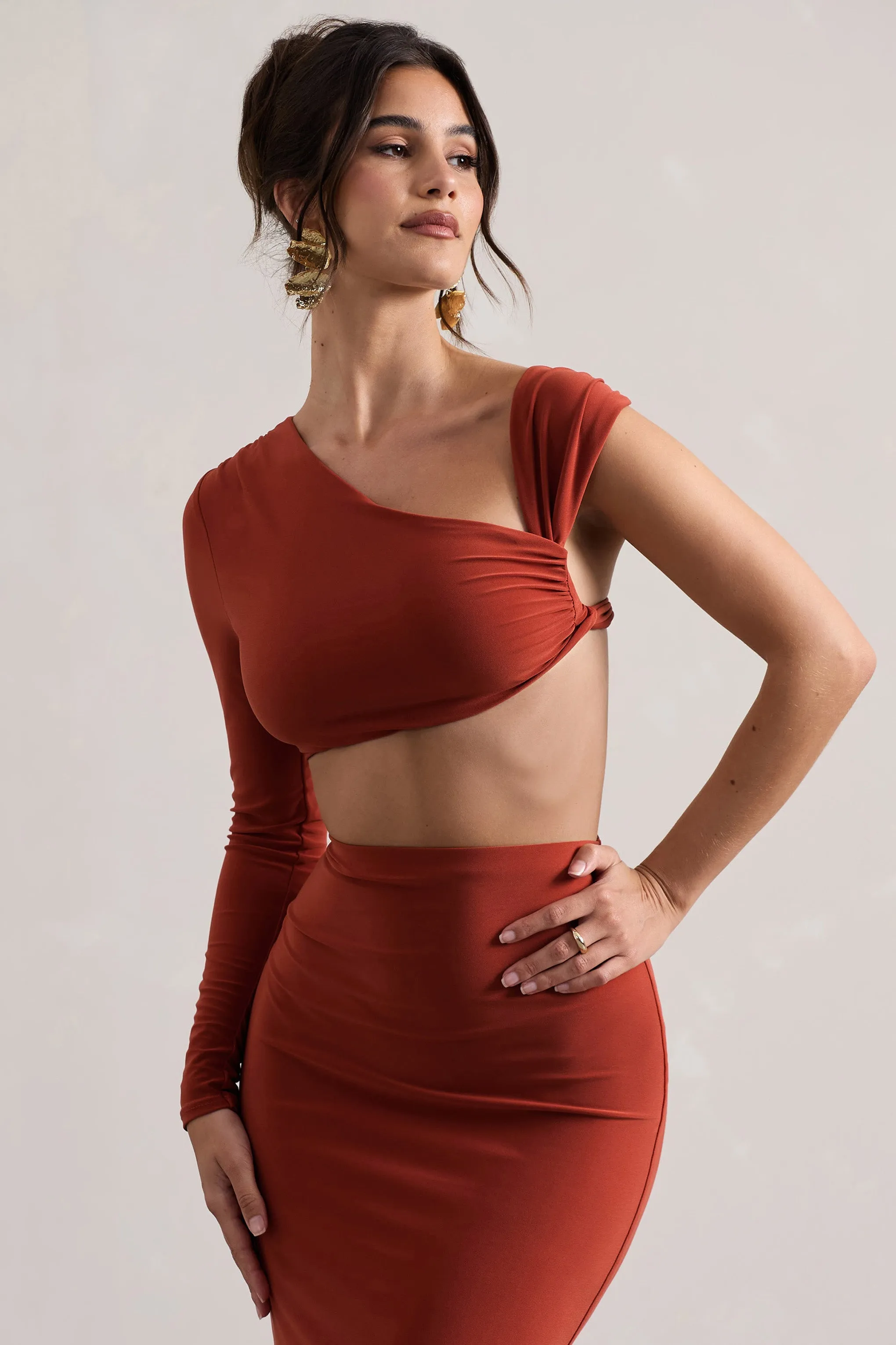 Agalia | Crop top terracotta froncé à une manche asymétrique