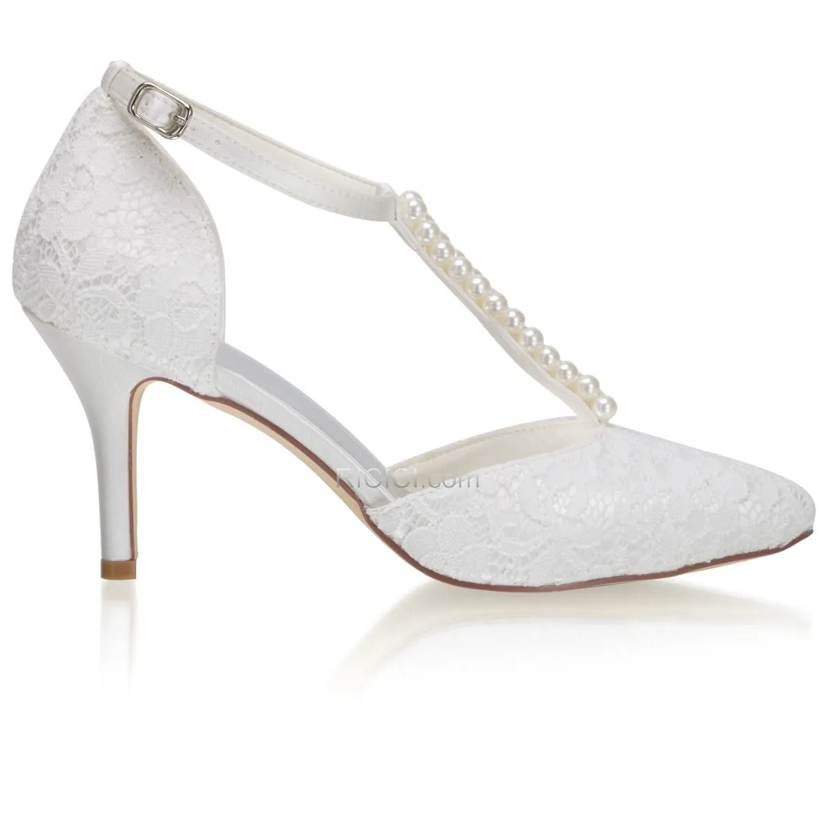 Bout Pointu Chaussure Mariée Talons Aiguilles Ivoire Avec Perle 8 cm Talon Haut Dentelle Escarpins