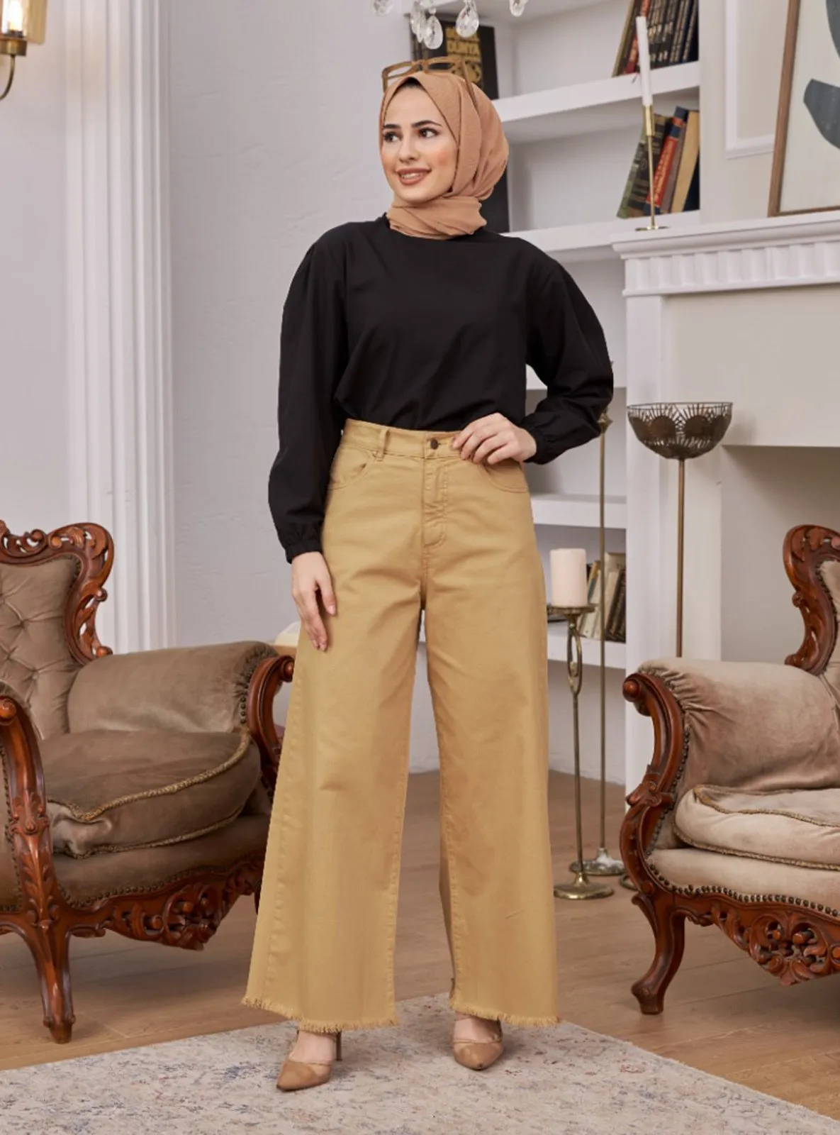 Denim Pants Skirt Beige
