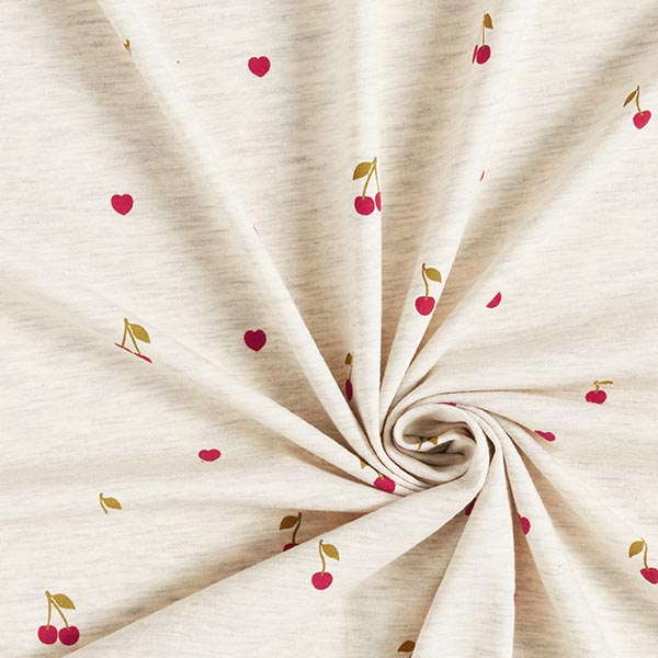 Jersey coton Cerises et cœurs – nature/gris clair