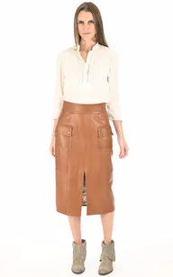 Jupe midi agneau cognac La Canadienne - La Canadienne - Robes / jupes Cuir Cognac