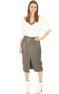 Jupe midi agneau kaki La Canadienne - La Canadienne - Robes / jupes Cuir Kaki