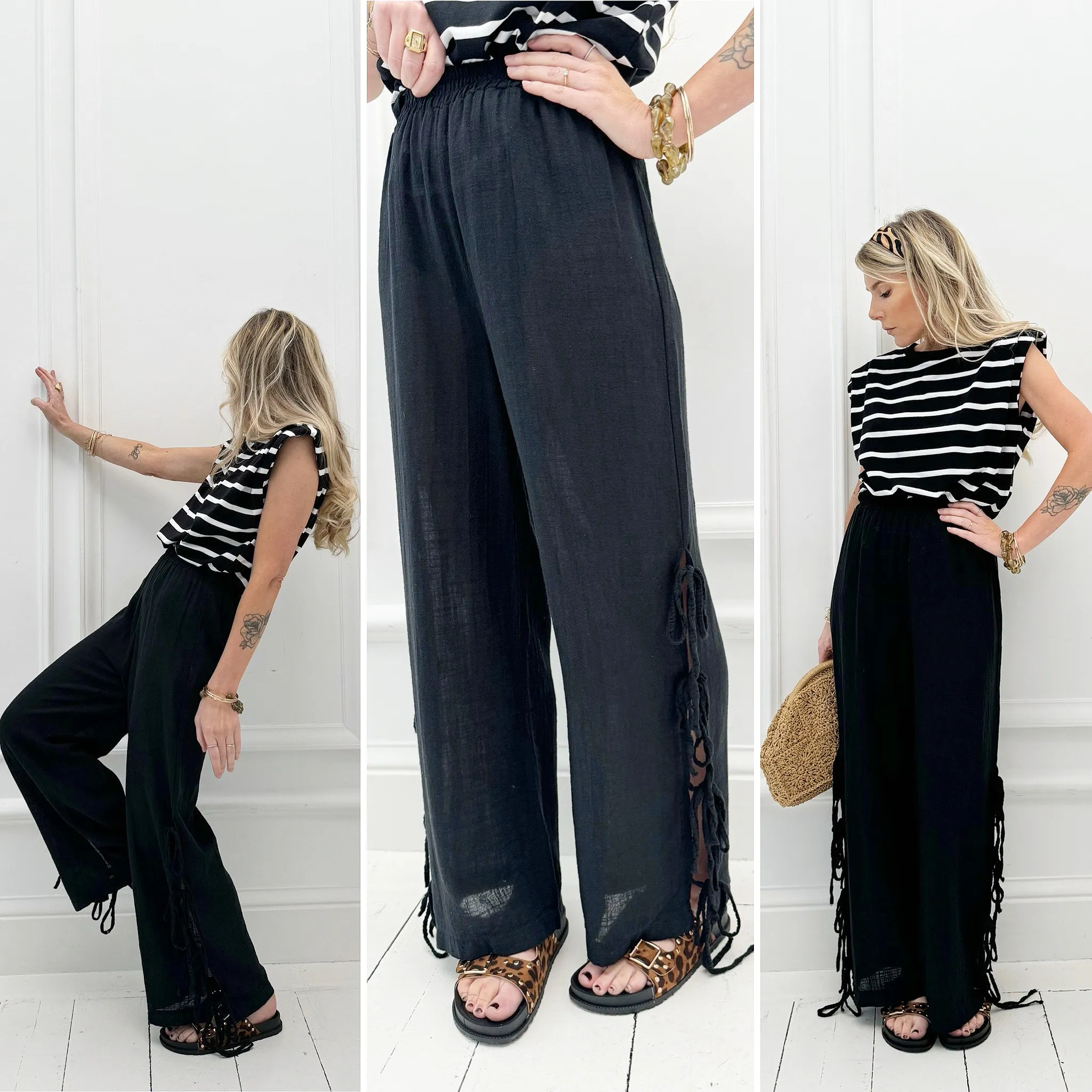 Pantalon noir coton noeuds