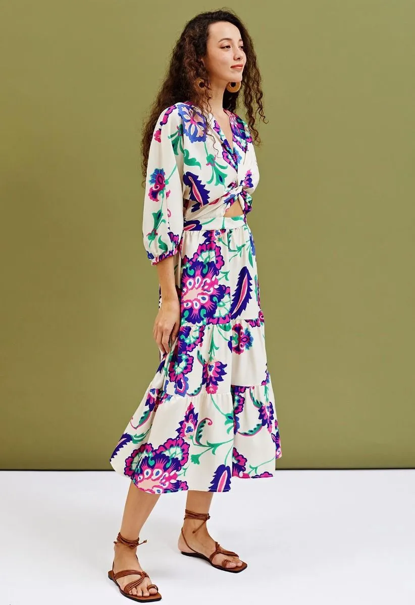 Robe mi-longue à col en V torsadé à imprimé cachemire fleuri