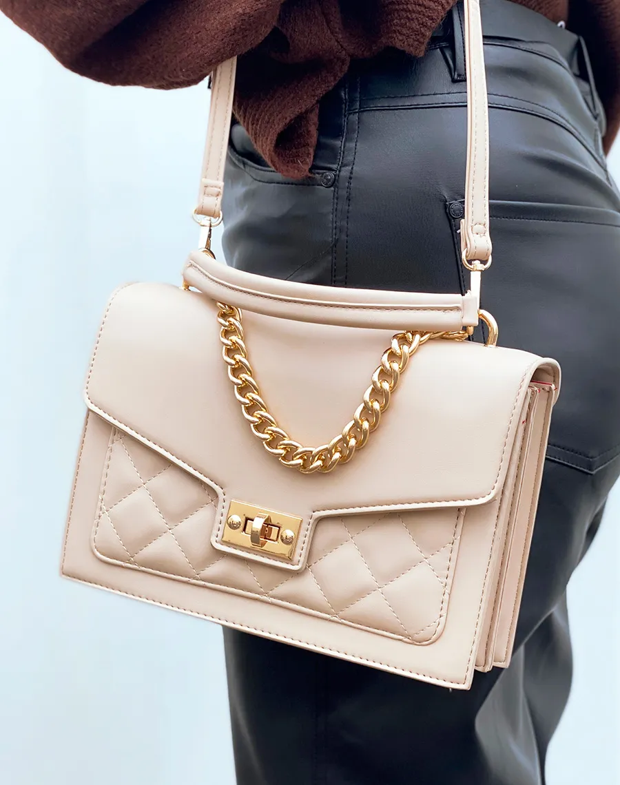 Sac à main beige style cartable à chaîne dorée