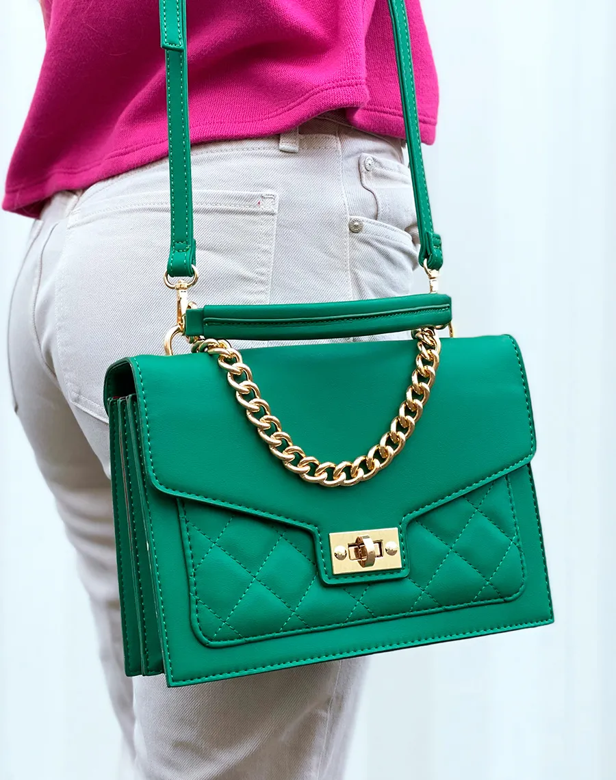 Sac à main vert style cartable à chaîne dorée