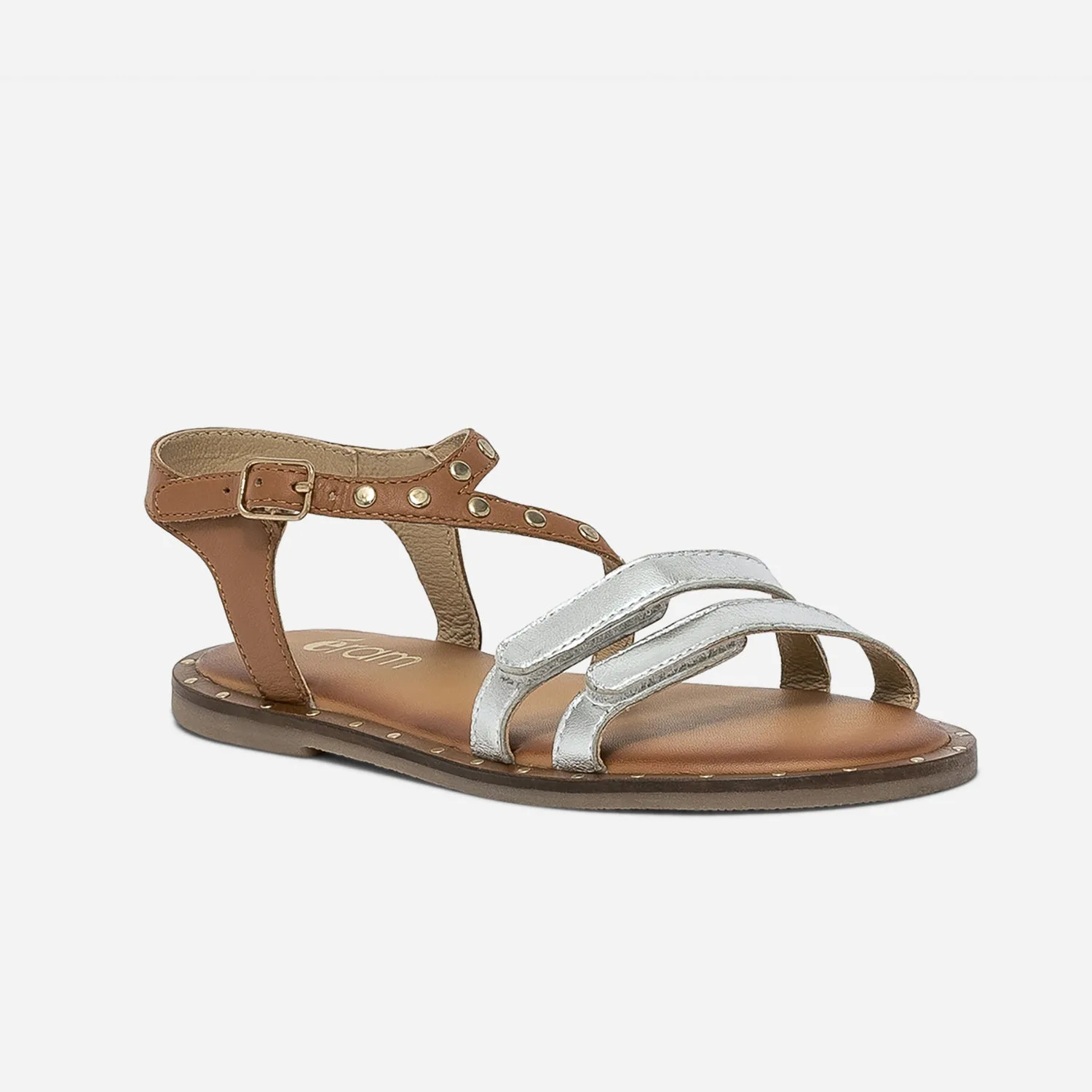 Sandale camel et argent en cuir clouté - Sandales Enfant | ERAM