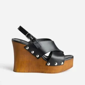 Sandale compensée TEXTO noire cuir - Sandales Femme | ERAM