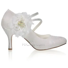 Satin Élégant Chaussure De Mariée Avec Strass Bout Pointu Tulle Escarpins Blanche Talons Hauts Talon Aiguille