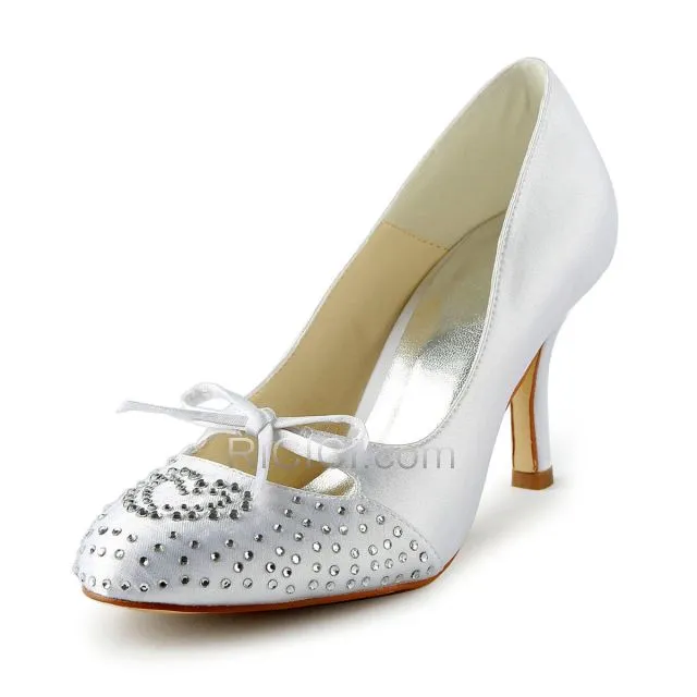 Talon Aiguille Ajourée Chaussure De Mariée Strass Talons Hauts Escarpins Bout Rond Blanche Belle Satin
