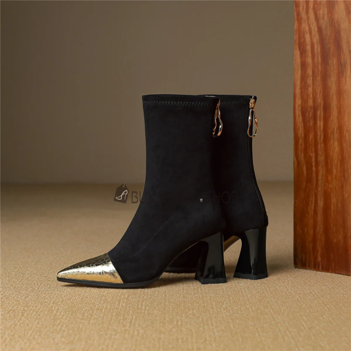 Talon Epais Stretch Talons Carrés Belle Femme Suede Chaussettes A Talon 8 cm Bottines Noir Habillées