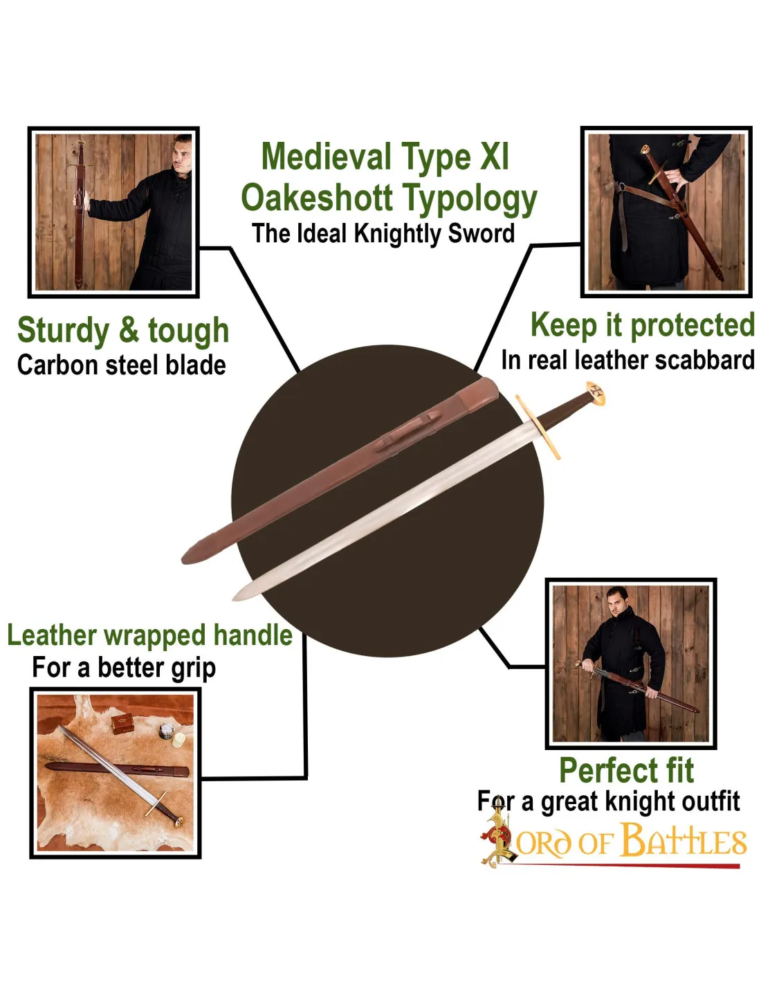 Épée fonctionnelle templière à une main avec pommeau en noyer ⚔️ Boutique Épées